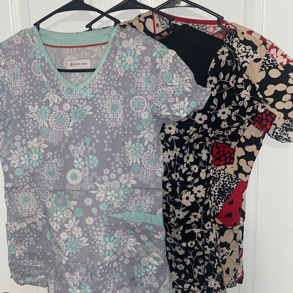 3 Multi Colored Scrub Tops & RED JOGGER SCRUB PANT